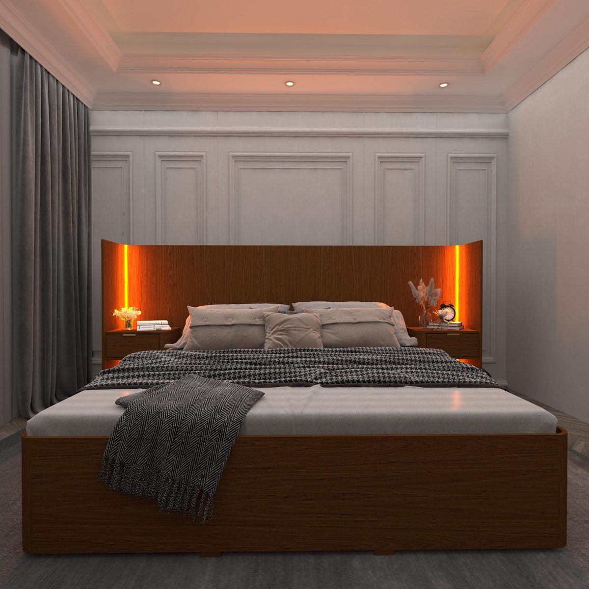 DECOCASA - Cama Americana 2 Plazas + Respaldo + 2 Veladores Aéreos Lux