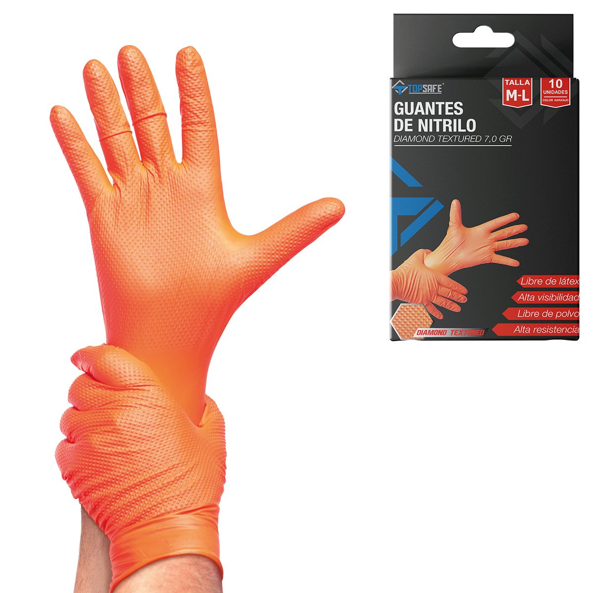 TOPSAFE - Caja de Guantes 10 Unidades de Nitrilo L Naranjo