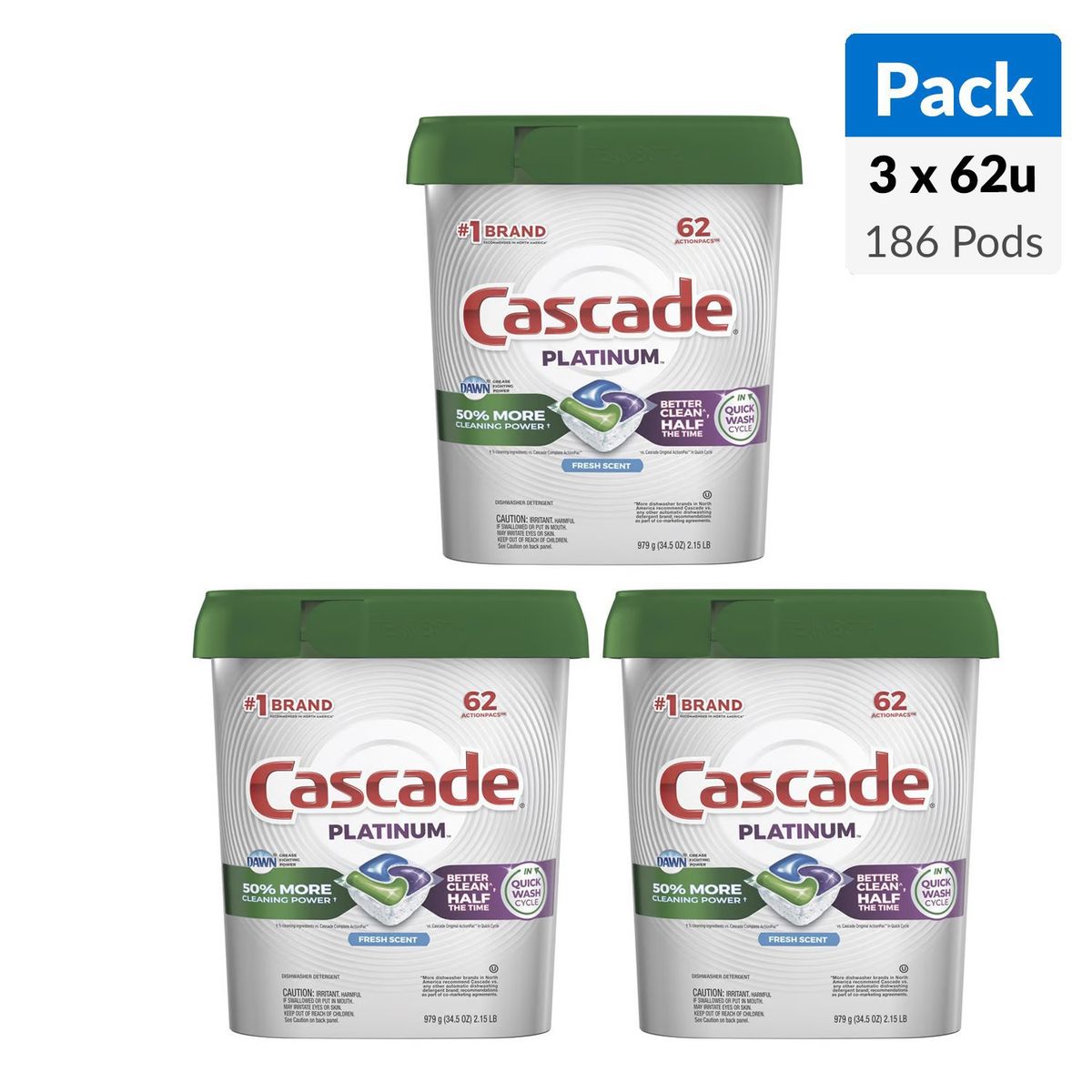 CASCADE - Tabletas Lavavajillas Pack 3 Unidades x 62 Tabletas c/u