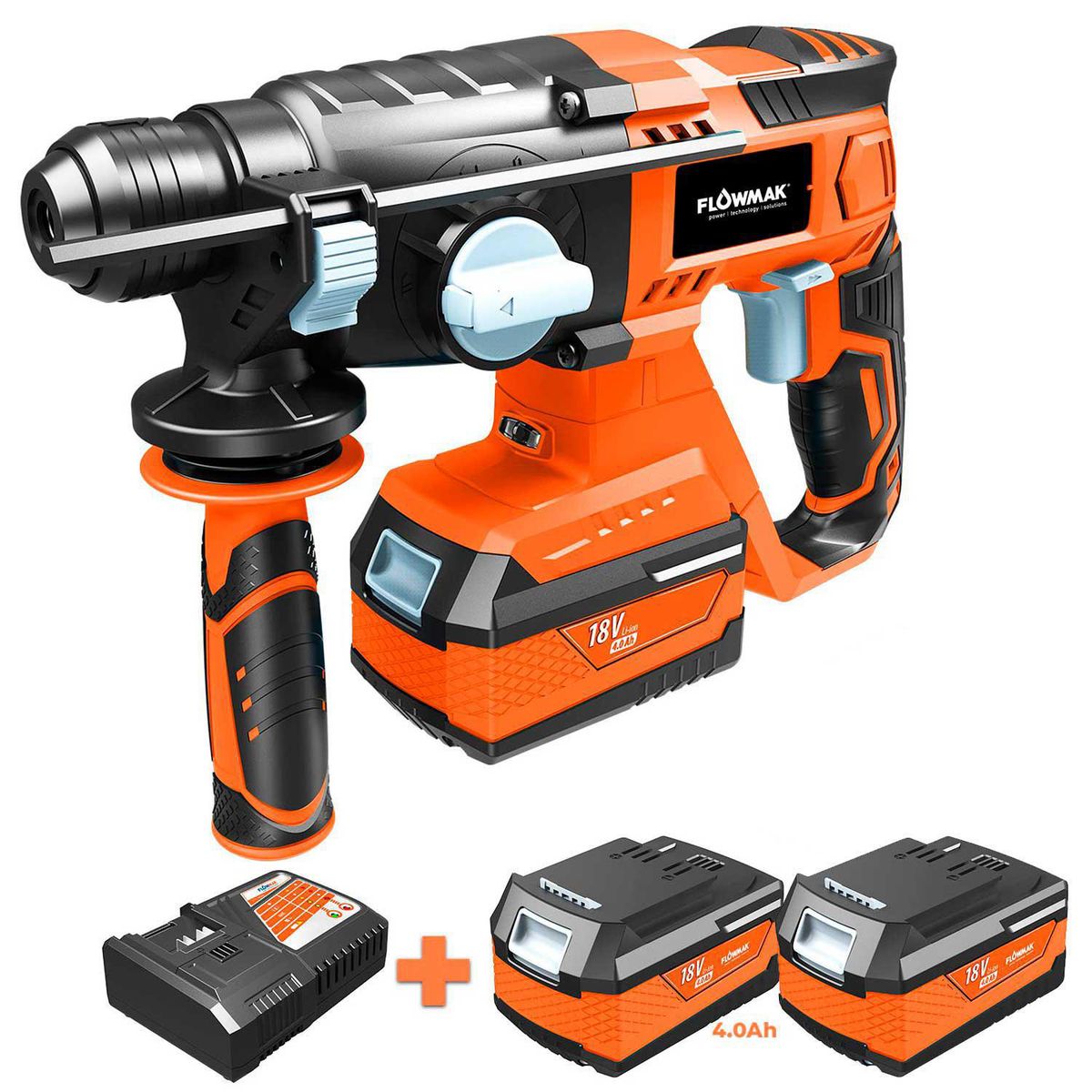 FLOWMAK - Rotomartillo sds plus con cargador y 2 baterías 4ah