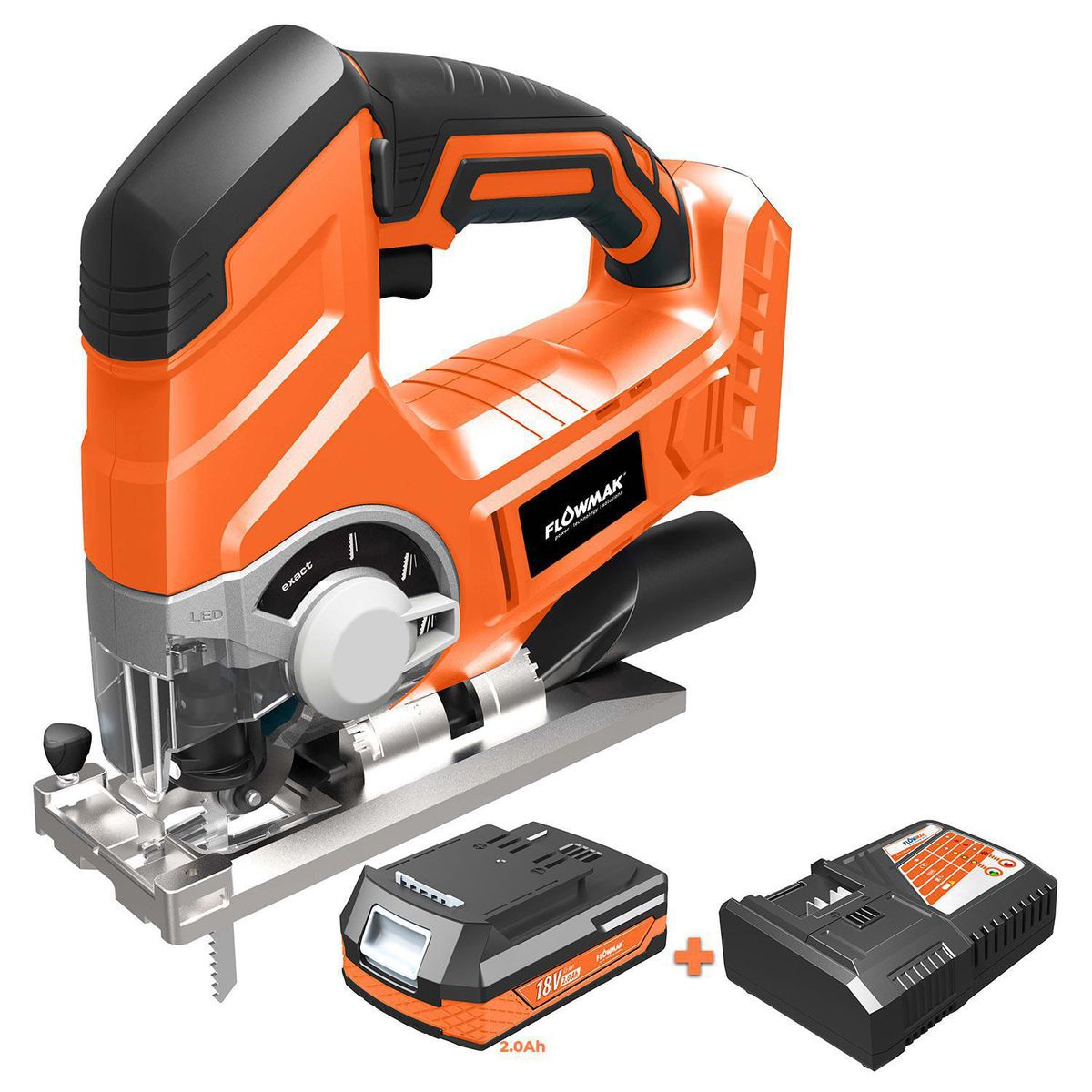 FLOWMAK - Sierra caladora 18v batería 2ah y cargador 2300rpm enganche t-shank