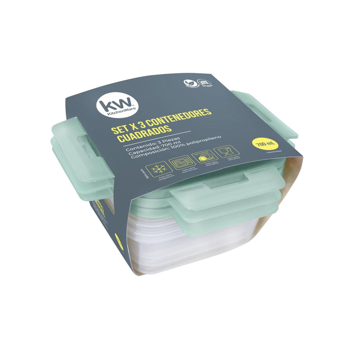 KW - Set 3 Contenedores Cuadrado Plástico 700 ml