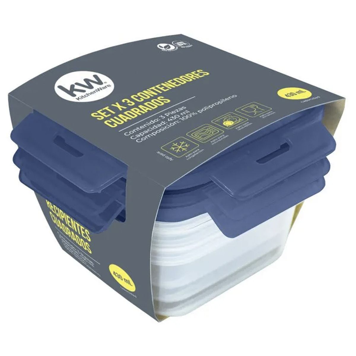Set 3 Contenedores Cuadrado Plástico 430 ml, marca KW - Foto Principal