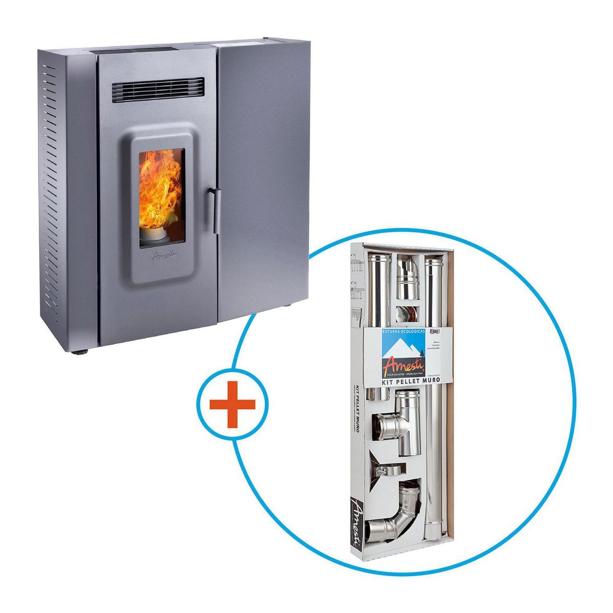 AMESTI - Estufa a Pellet Slim 9000 Negra + Kit de Instalación Pellet Muro
