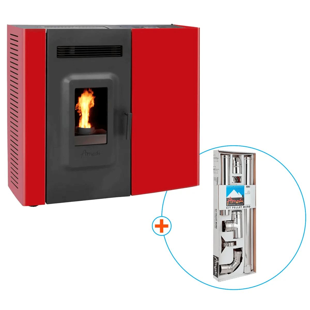 AMESTI - Estufa a Pellet Slim 9000 Roja + Kit de Instalación Pellet Muro