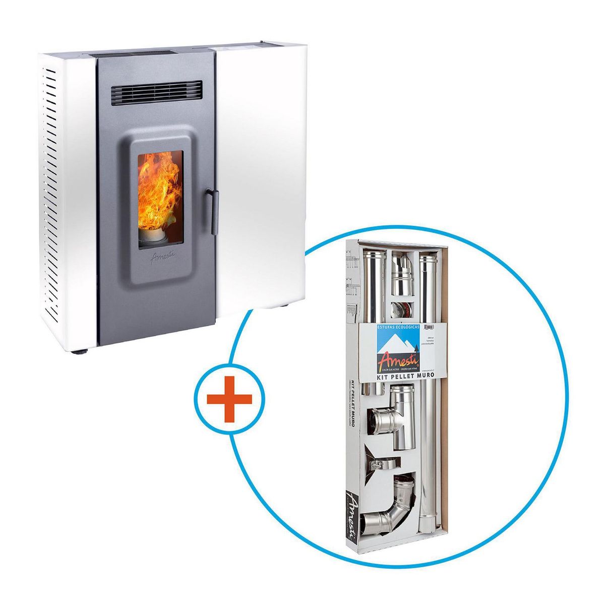 AMESTI - Estufa a Pellet Slim 9000 Blanca + Kit de Instalación Pellet Muro