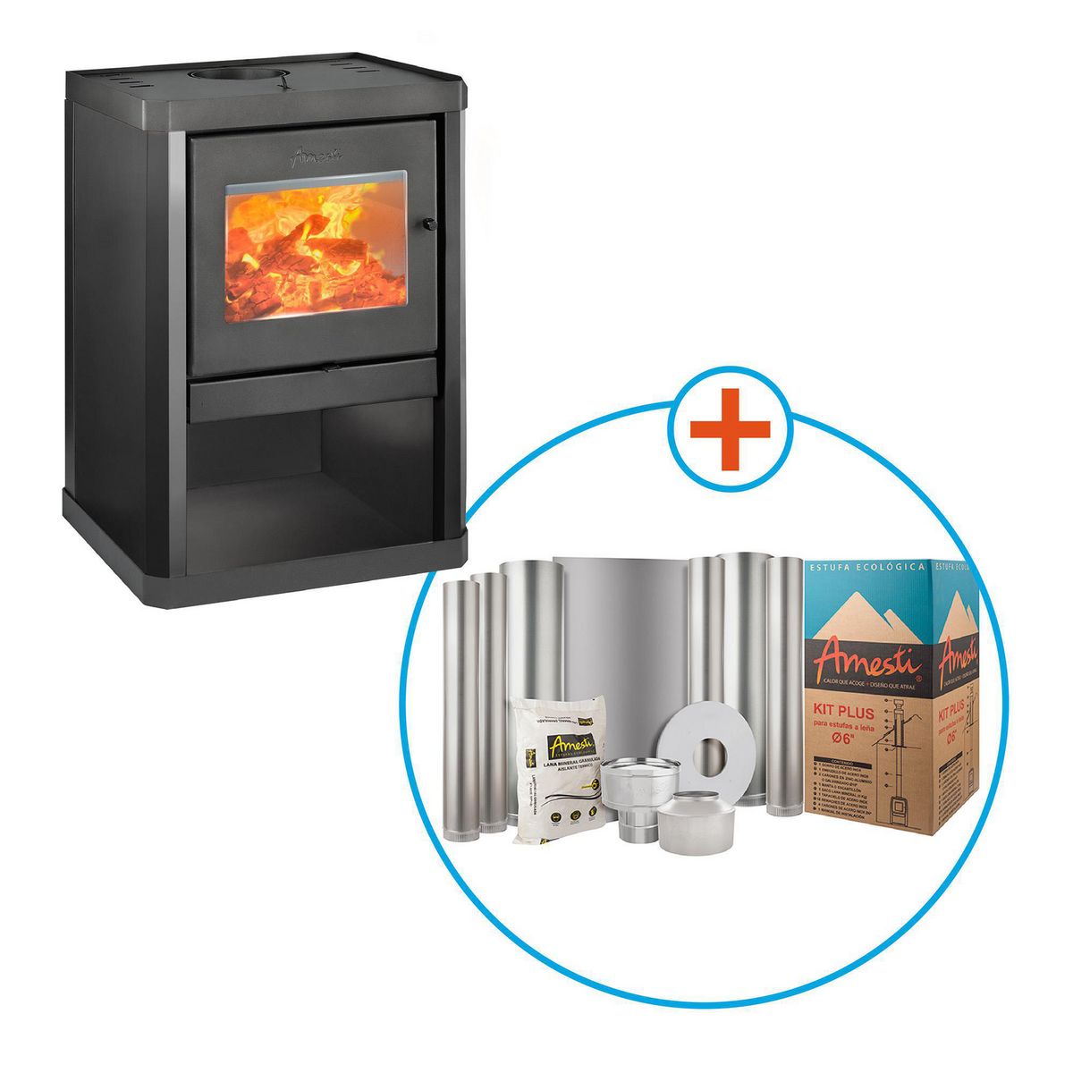 AMESTI - Estufa Leña Classic 400 Negra + Kits Instalación 6" Negro