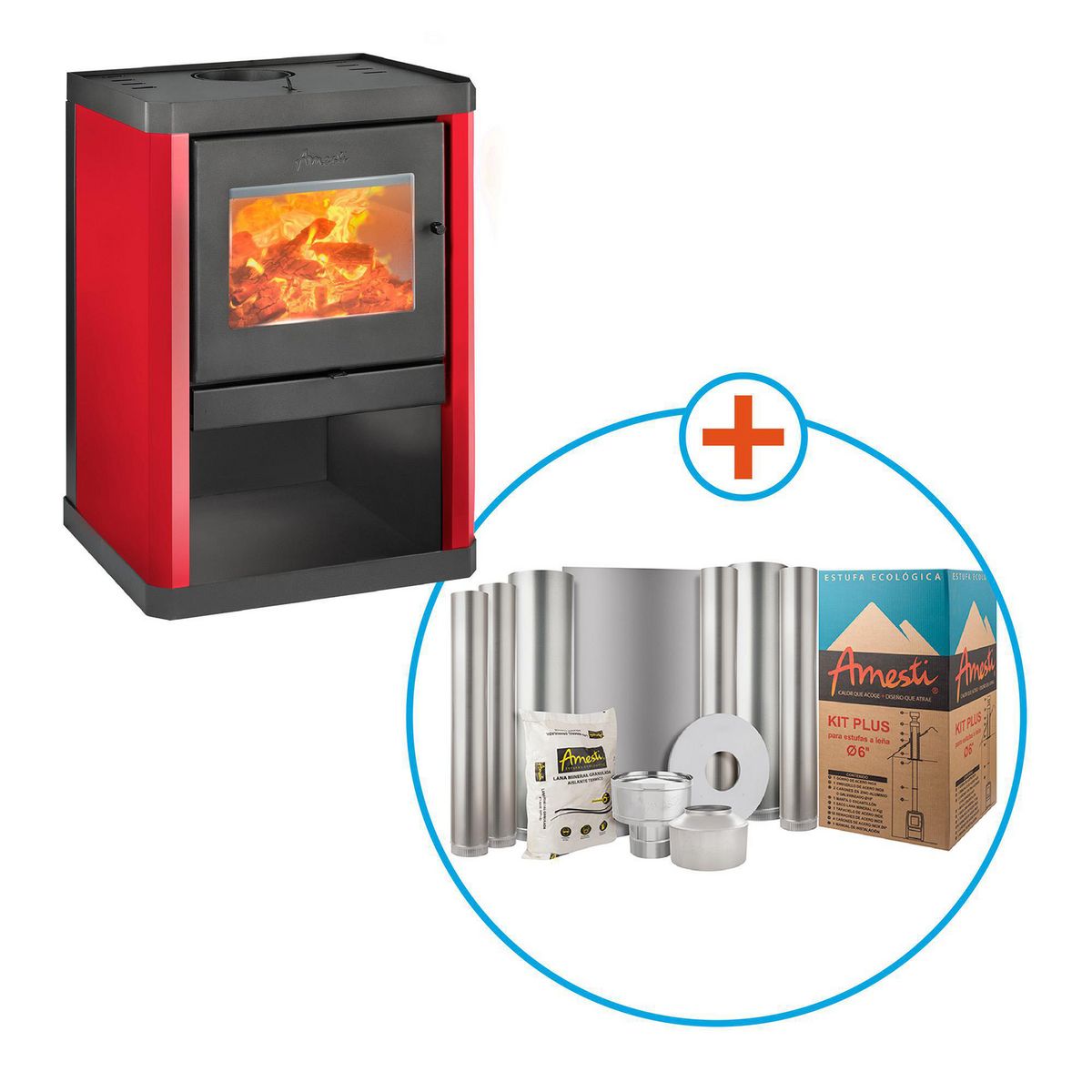 AMESTI - Estufa Leña 01-251/Kit Instalación 6" Rojo