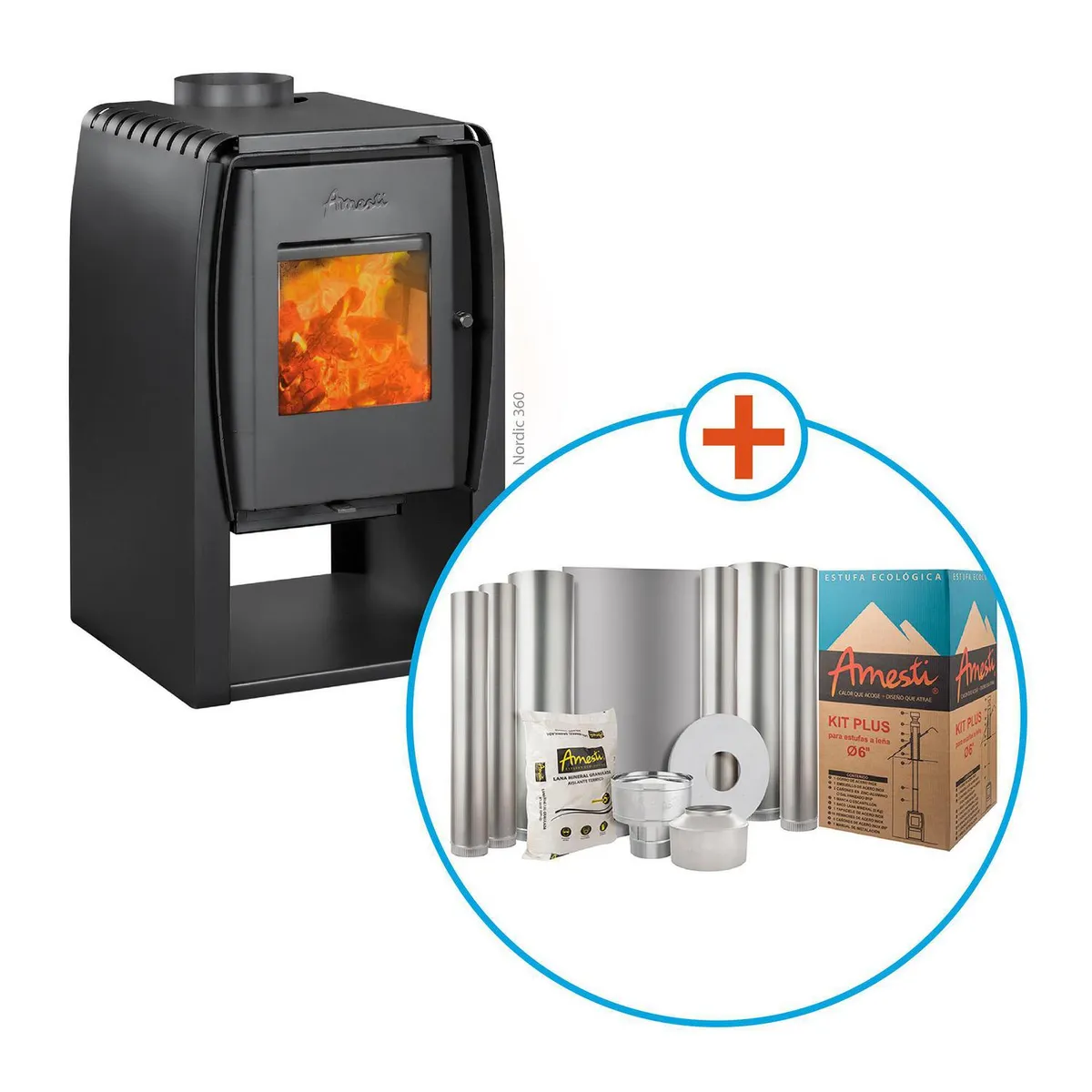 AMESTI - Estufa a Leña Nordic 360 + Kit de Instalación 6"