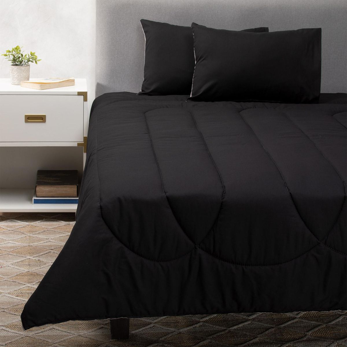 ARTHOME - Pack 2 Almohadas Negro + Plumón Negro/Gris 2 Plazas