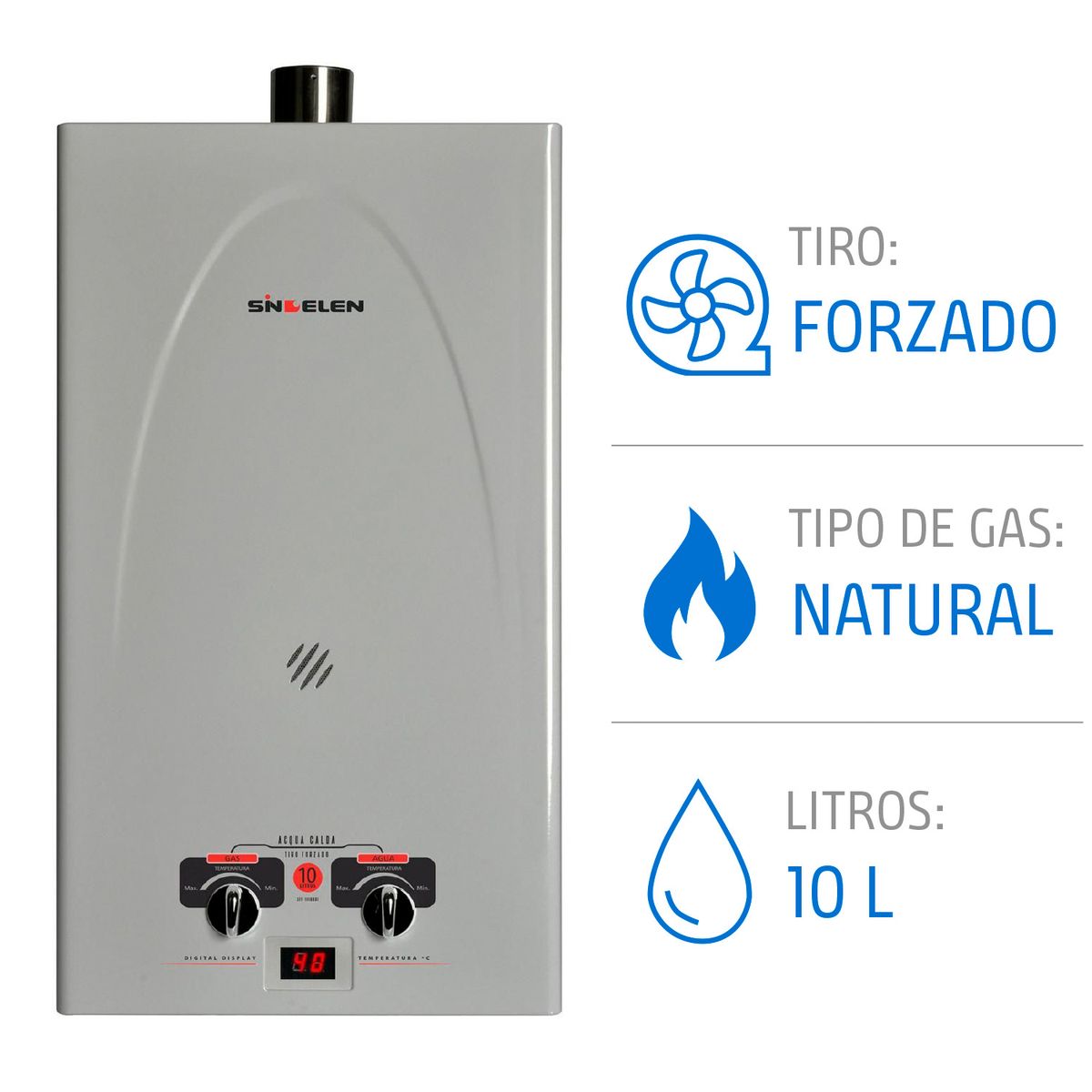 SINDELEN - Calefont Gas Natural 10 Litros Tiro Forzado Ionizado