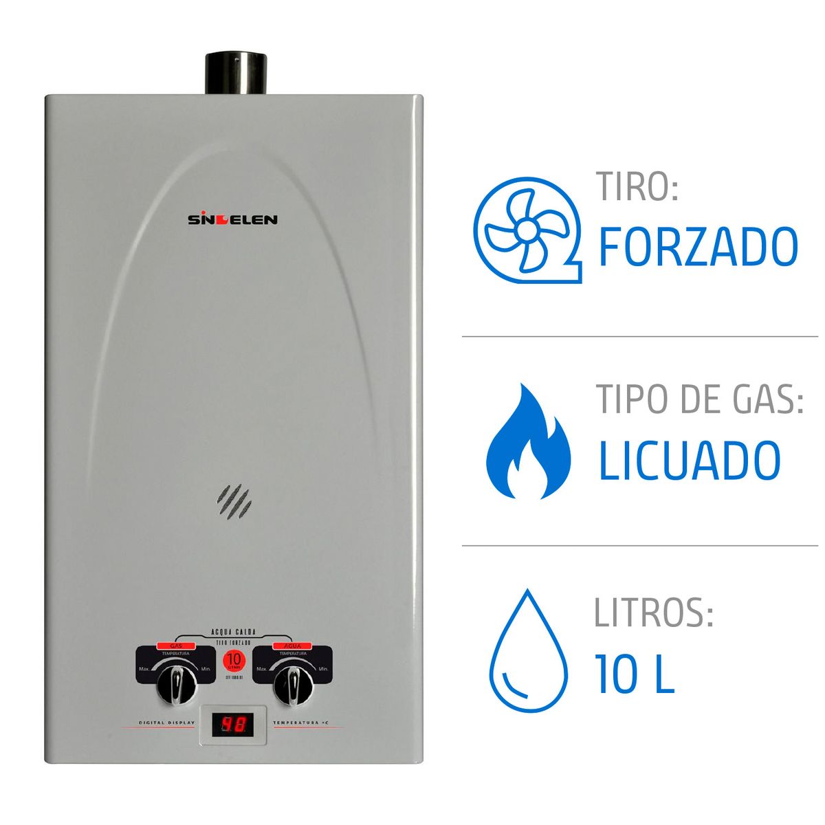 SINDELEN - Calefont Gas Licuado 10 Litros Tiro Forzado Ionizado