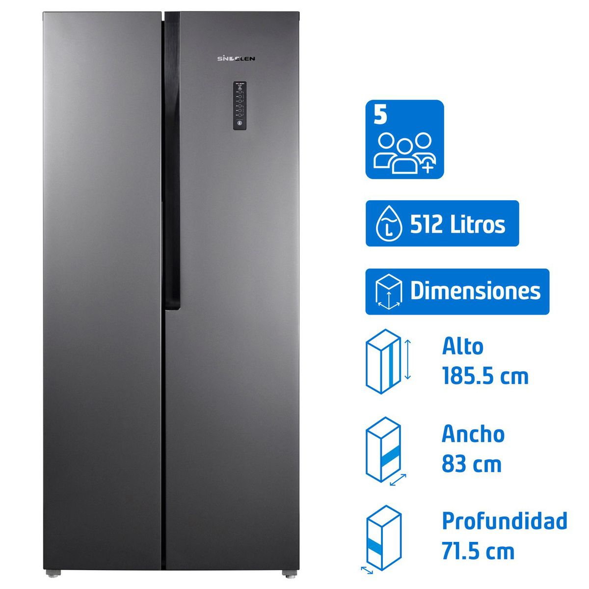 SINDELEN - Refrigerador 2 Puertas Side by Side No Frost 512 Litros Inox RNF-520IN