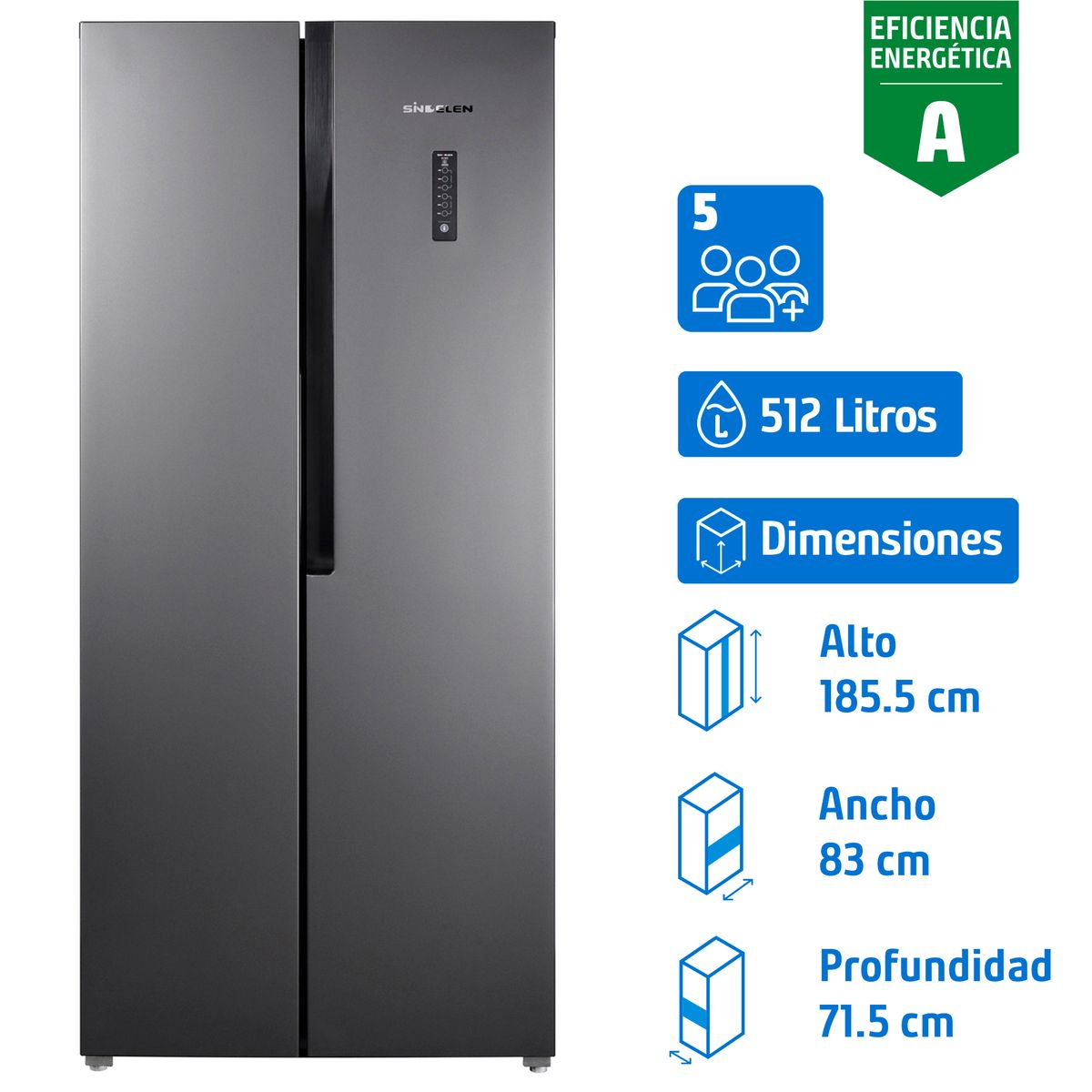 SINDELEN - Refrigerador 2 Puertas Side by Side No Frost 512 Litros Dark Grey RNF-520IN