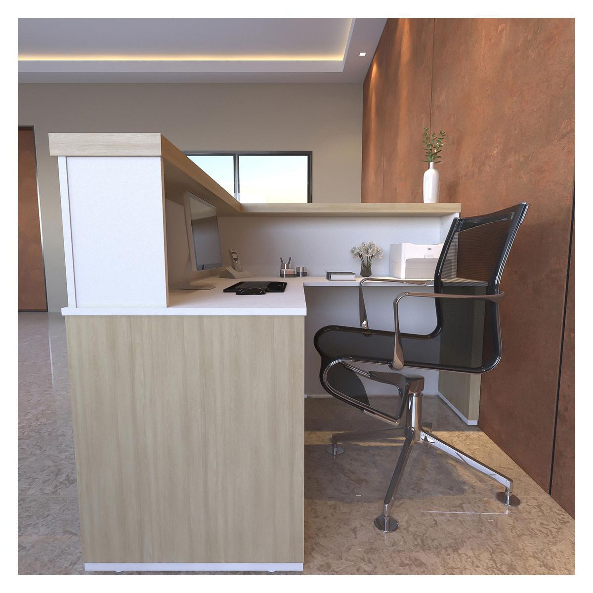 RODLER - Mueble Recepción Blanco con café 147.7x114x147.7 cm