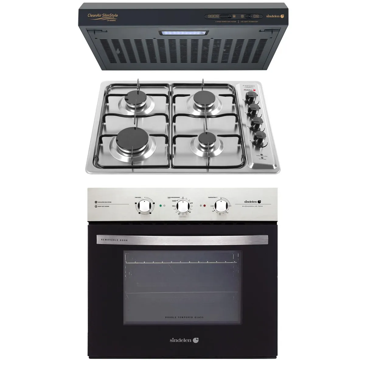 SINDELEN - Kit horno empotrable HE-7200IN + encimera CEG-4600IN + campana CA-606NG