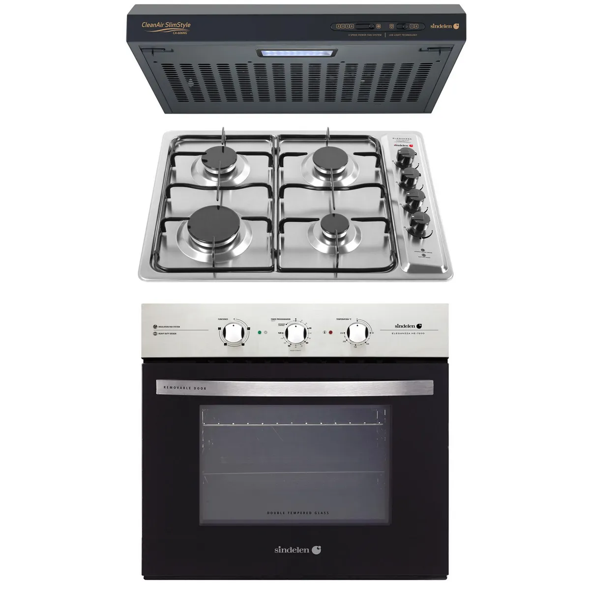 SINDELEN - Kit horno empotrable HE-7200IN + encimera CEG-4600IN + campana CA-606NG