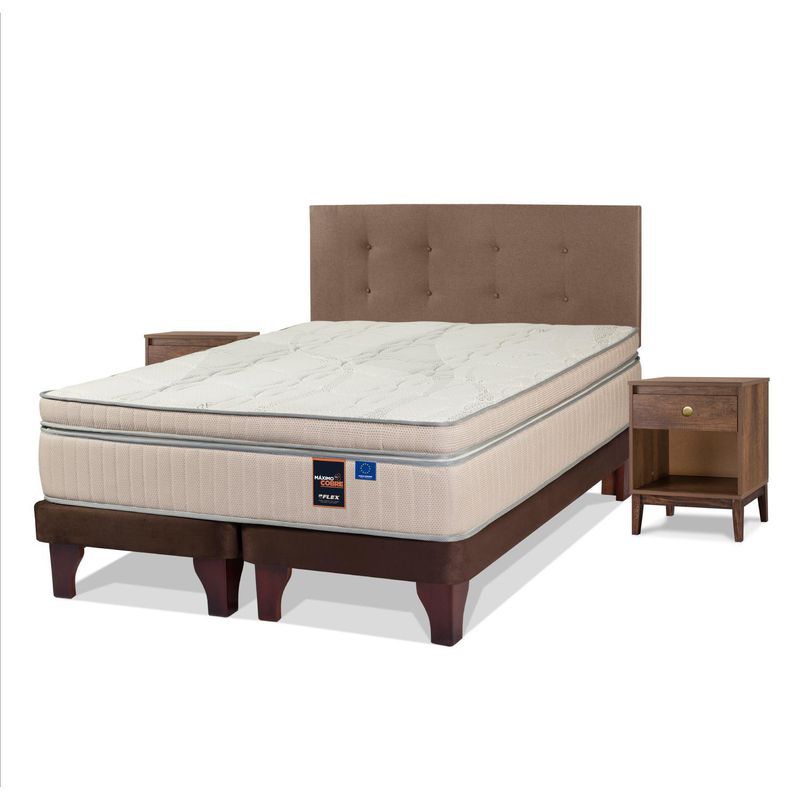 FLEX - Cama Europea Máximo Cobre 2 Plazas Base Dividida 150x200 cm/Respaldo Royal Café/Velador Atenas