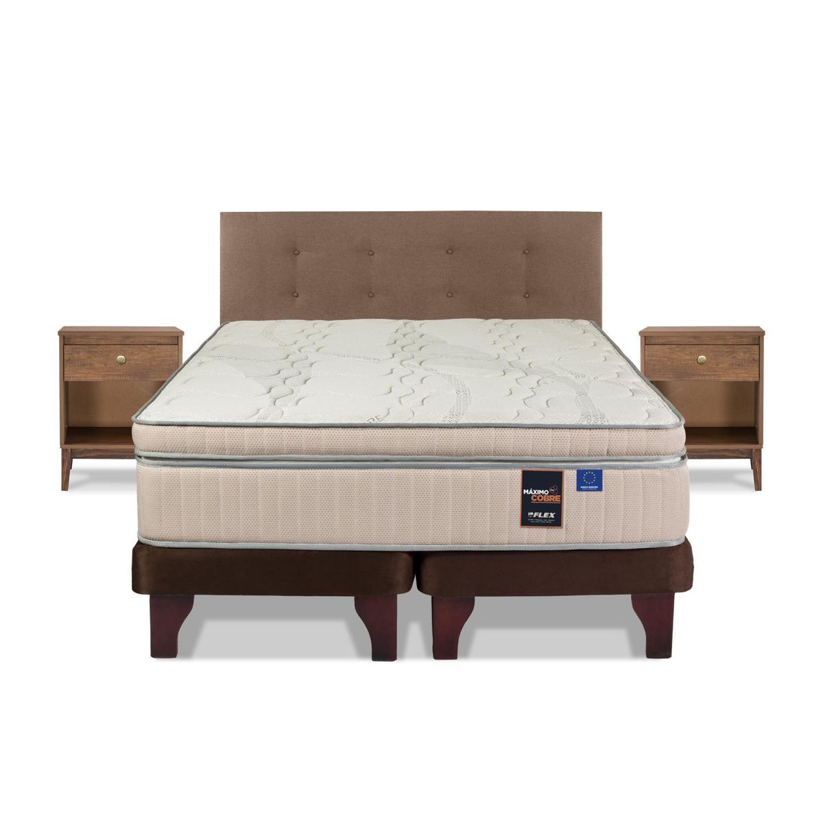 FLEX - Cama Europea Máximo Cobre 2 Plazas Base Dividida 150x200 cm/Respaldo Royal Café/Velador Atenas