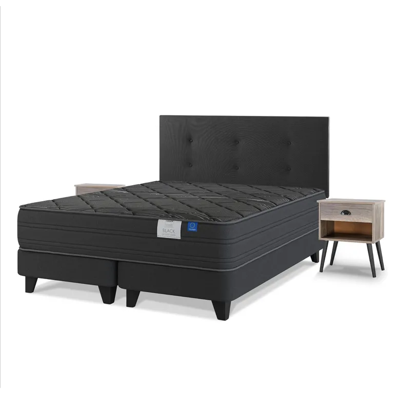 Cama Europea Black 2 Plazas Base Dividida 150x200 cm /Respaldo Royal Negro/Velador Rover