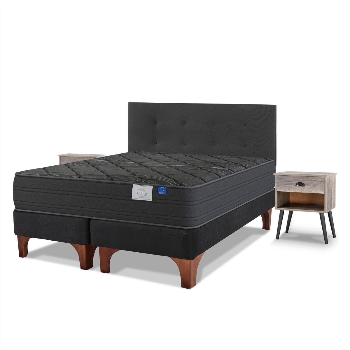 FLEX - Cama Europea Black 2 Plazas Base Dividida 150x200 cm /Respaldo Royal Negro/Velador Rover