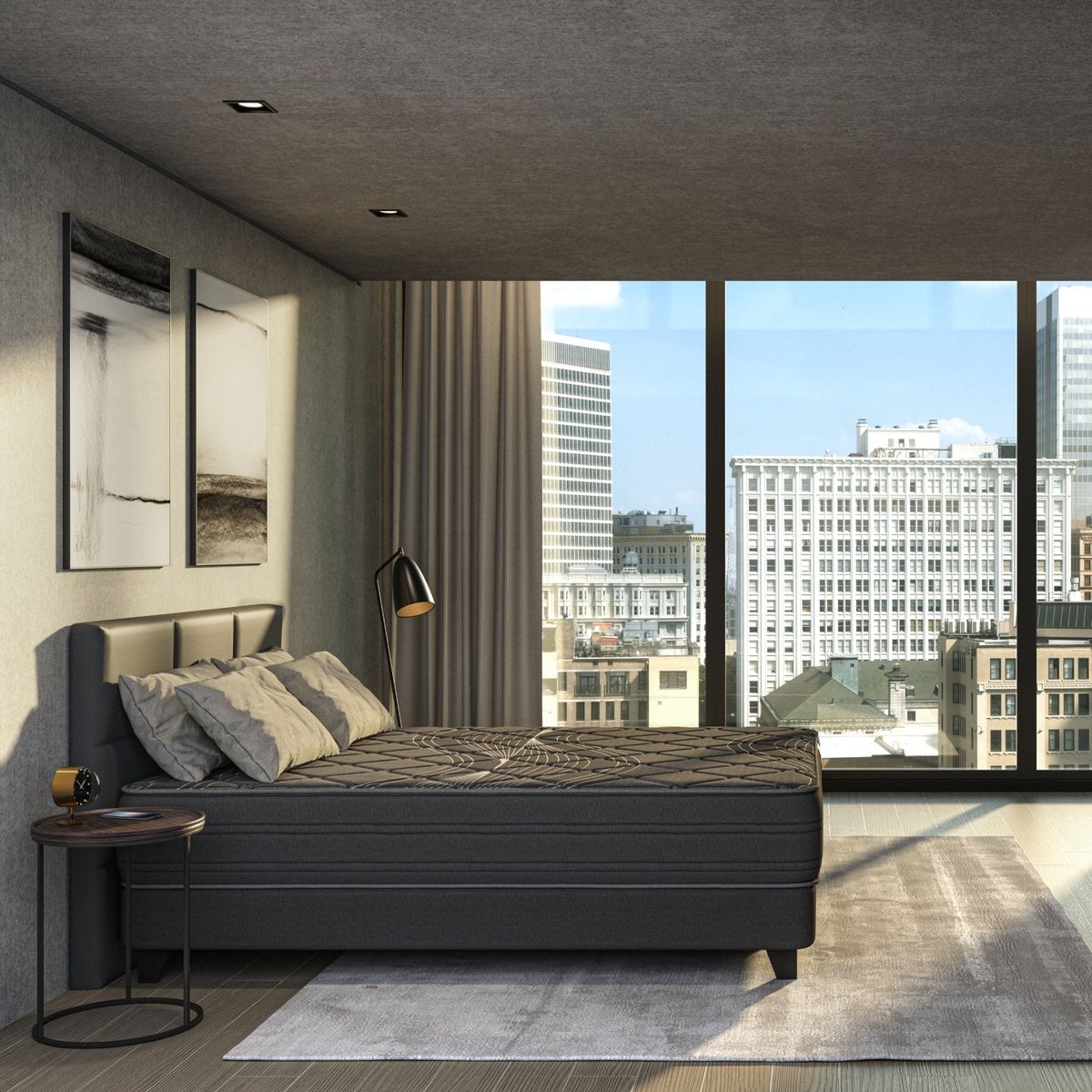 FLEX - Cama Europea Black 2 Plazas Base Dividida 150x200 cm /Respaldo Royal Negro/Velador Rover