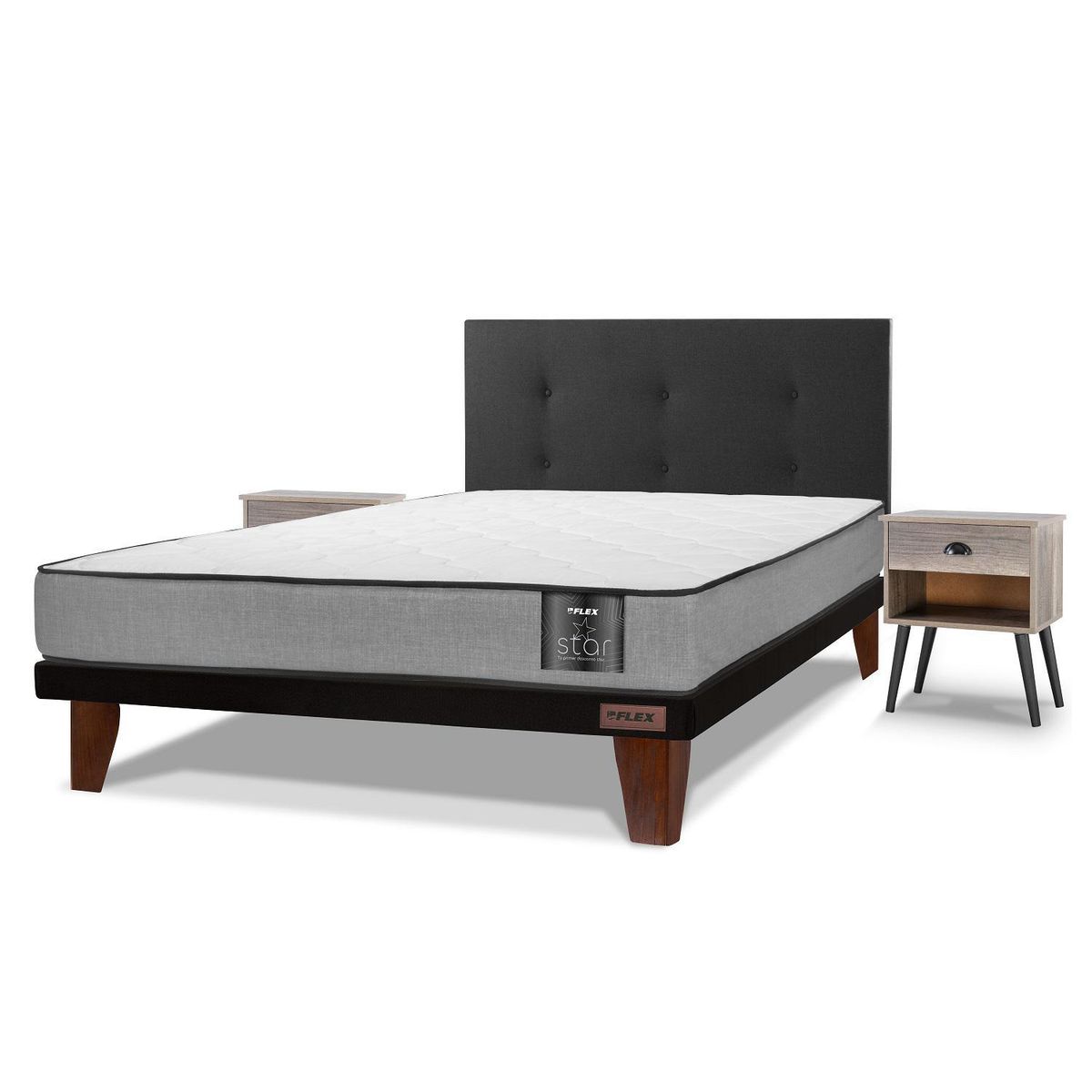FLEX - Cama Europea Flat Black 2 Plazas Base Normal 150x190 cm/Respaldo Royal Negro/Velador Rock