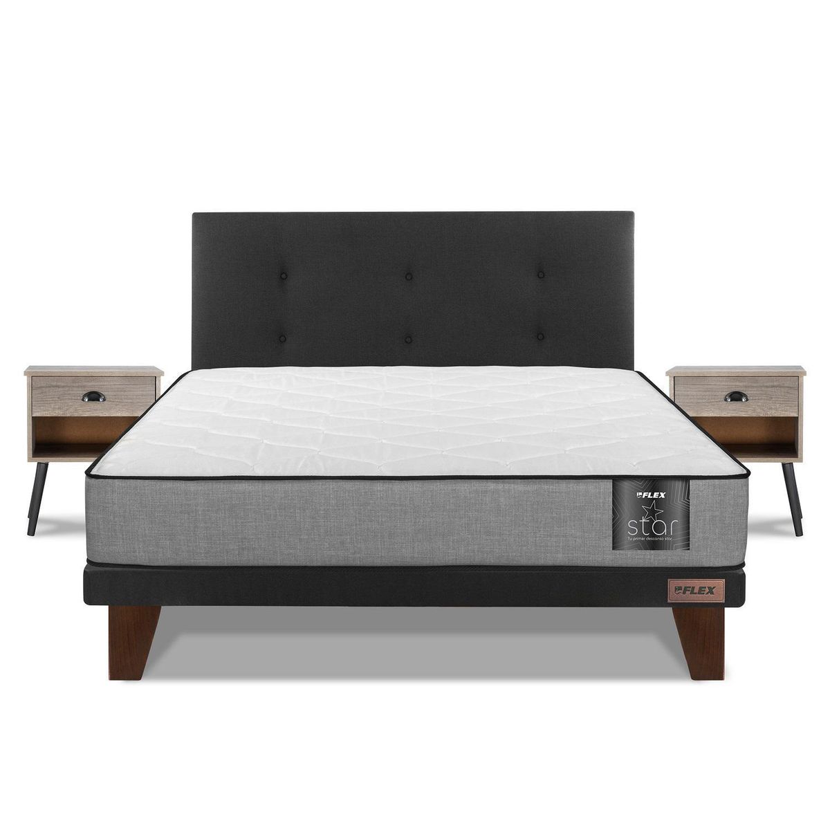 FLEX - Cama Europea Flat Black 2 Plazas Base Normal 150x190 cm/Respaldo Royal Negro/Velador Rock