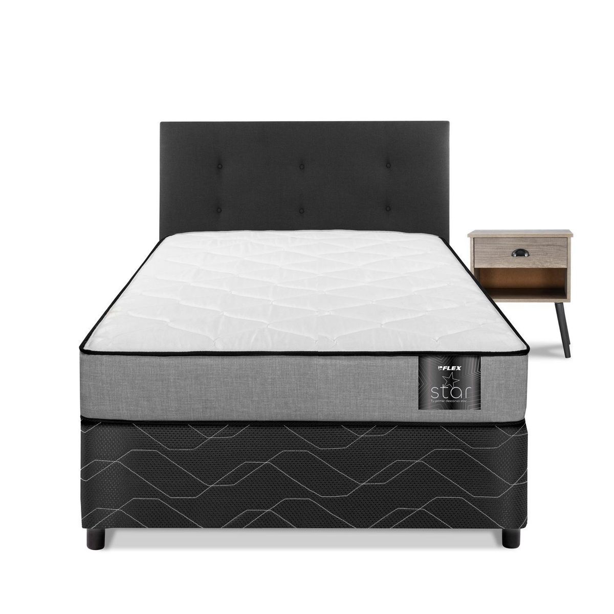 FLEX - Cama Americana Star 1,5 Plaza 105x190 cm/Respaldo Royal Negro/Velador Rock