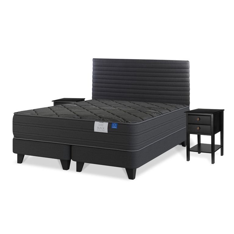 Cama Europea Black 2 Plazas Base Dividida 150x200 cm/Respaldo Modern Grafito Velador Rover
