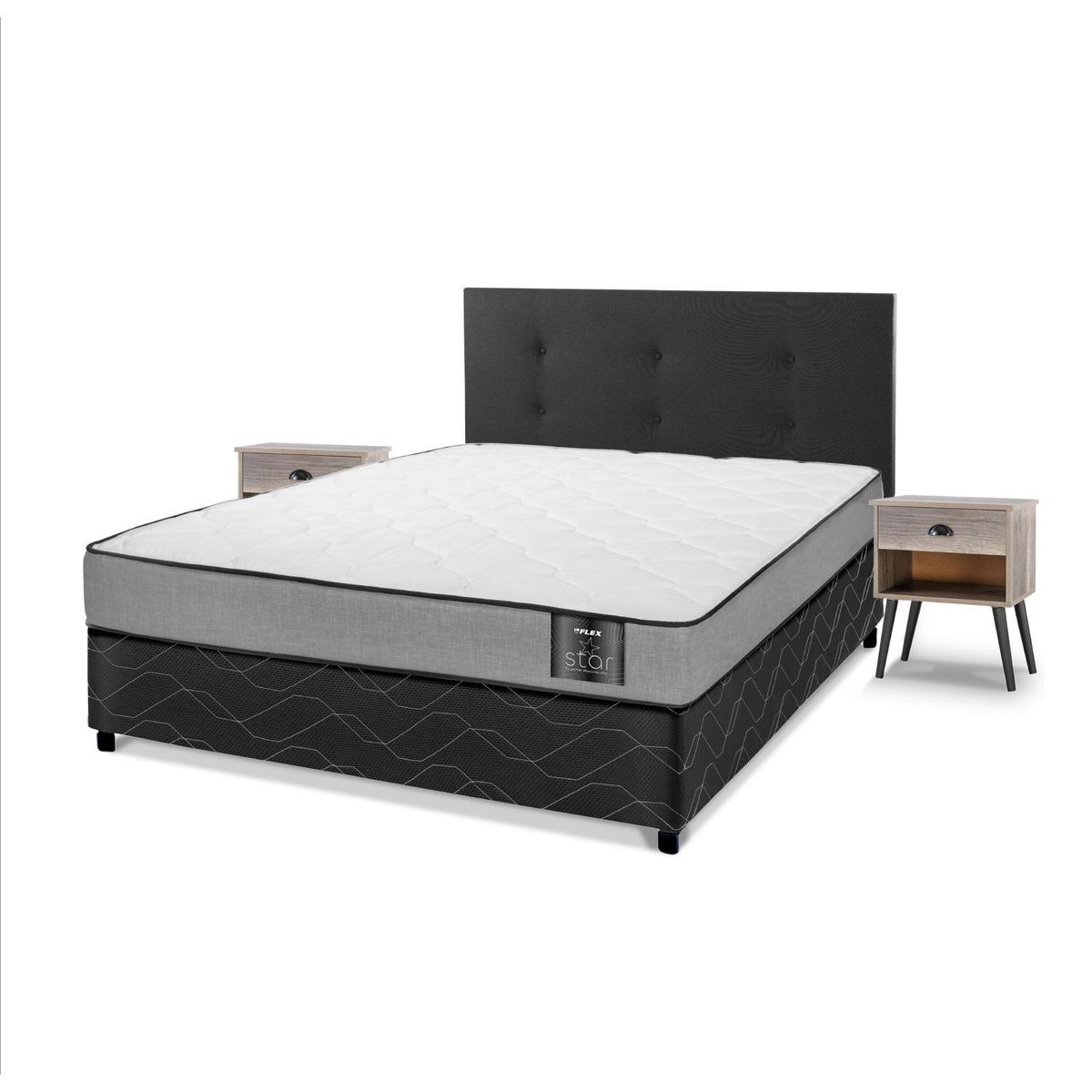 FLEX - Cama Americana Star 2 Plazas/Respaldo Royal Negro/Velador Rock