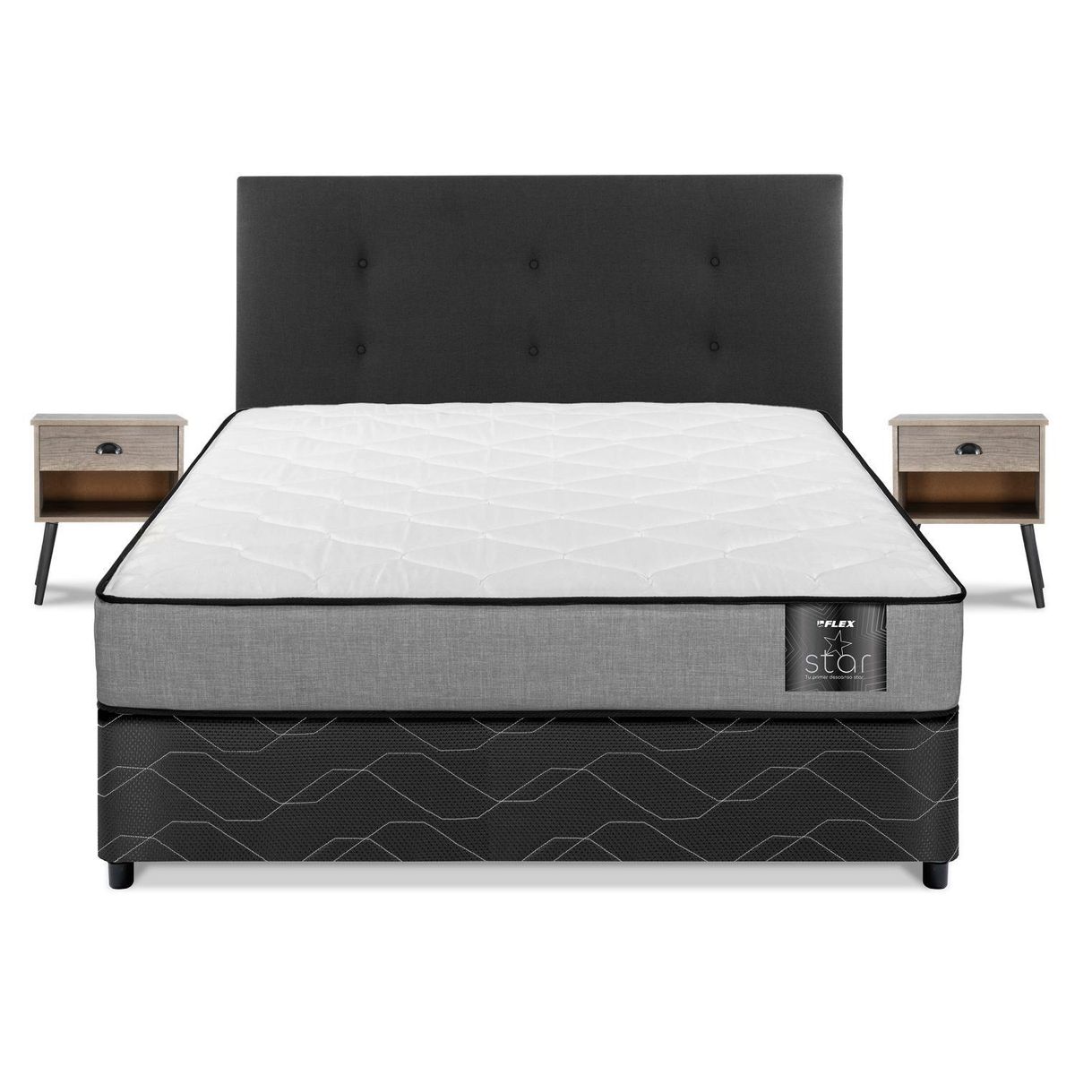 FLEX - Cama Americana Star 2 Plazas/Respaldo Royal Negro/Velador Rock