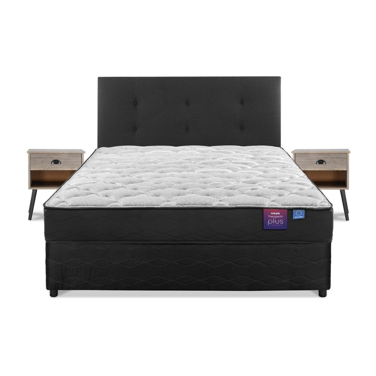 FLEX - Cama Americana Therapedic Plus 2 Pl B/D/Respaldo Royal Negro/Velador Rock