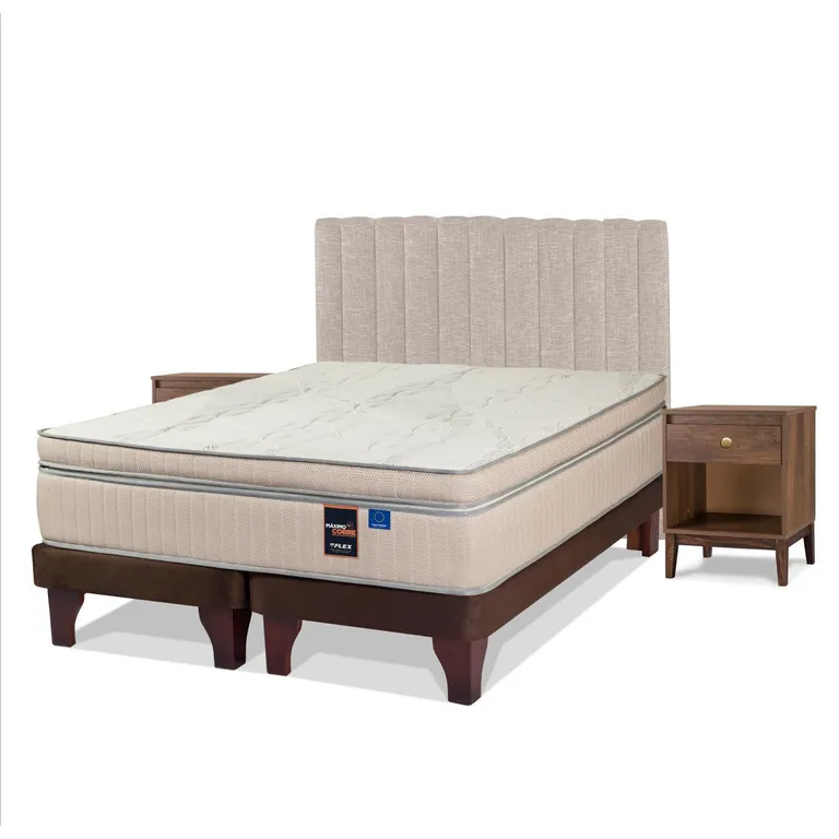Cama Europea Maximo Cobre King/Respaldo Tubular Beige/Velador Asturias