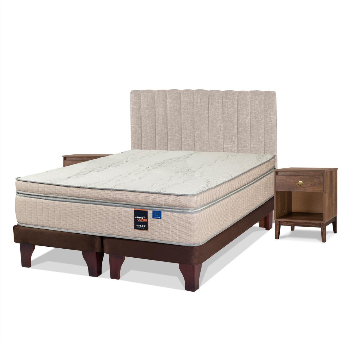FLEX - Cama Europea Maximo Cobre King/Respaldo Tubular Beige/Velador Asturias