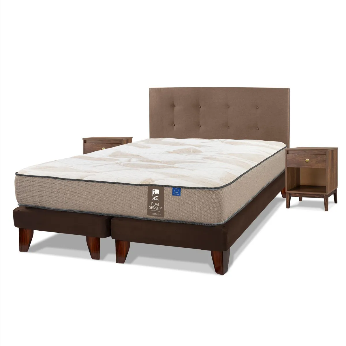 FLEX - Cama Europea Dual Sensity King/Respaldo Royal Café/Velador Atenas