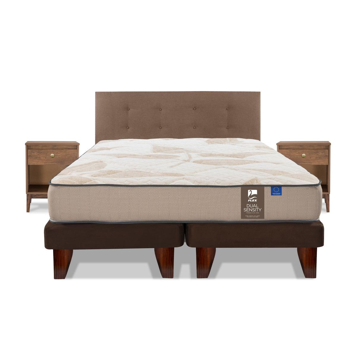 FLEX - Cama Europea Dual Sensity King/Respaldo Royal Café/Velador Atenas