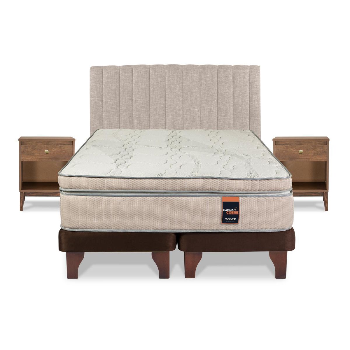 FLEX - Cama Europea Máximo Cobre 2 Plazas/Respaldo Tubular Beige/Velador Asturias