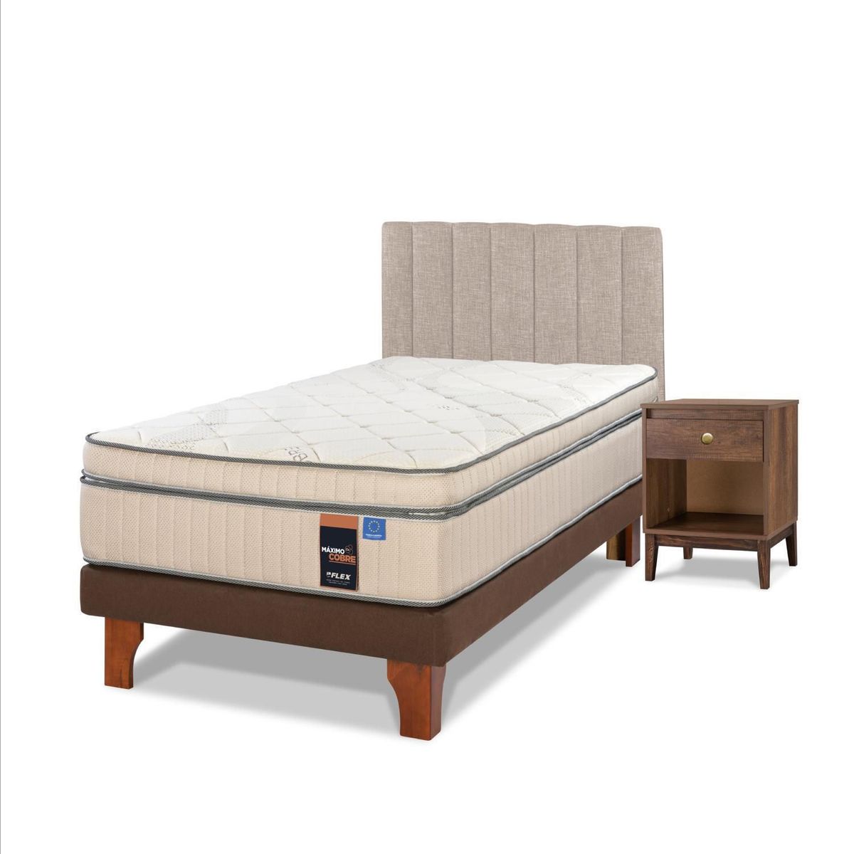 FLEX - Cama Europea Máximo Cobre 1.5 Plaza/Respaldo Tubular Beige/Velador Asturias