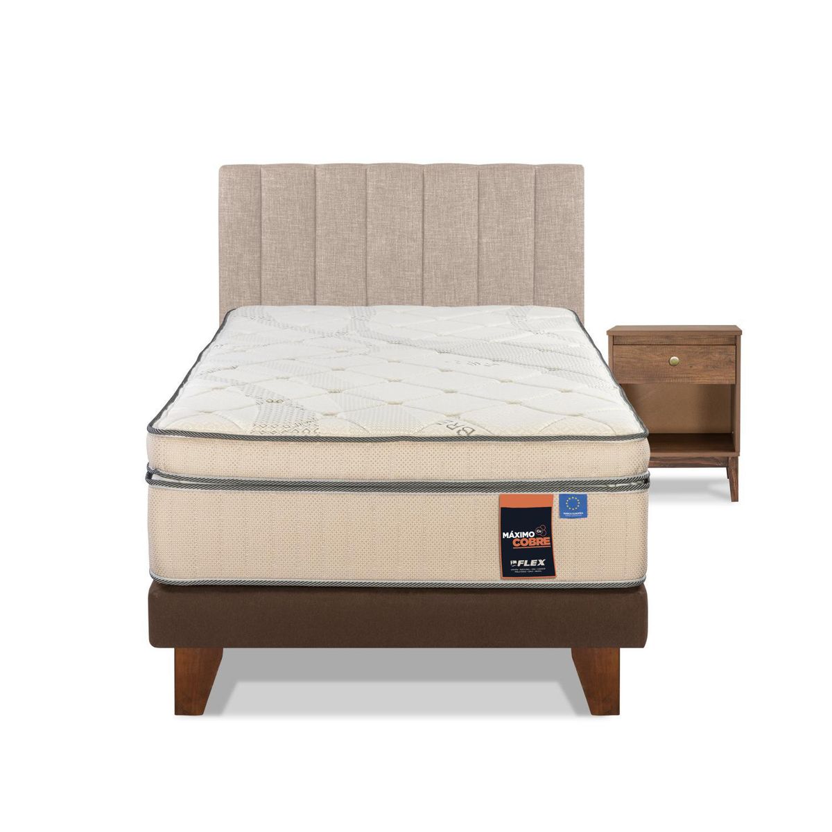FLEX - Cama Europea Máximo Cobre 1.5 Plaza/Respaldo Tubular Beige/Velador Asturias