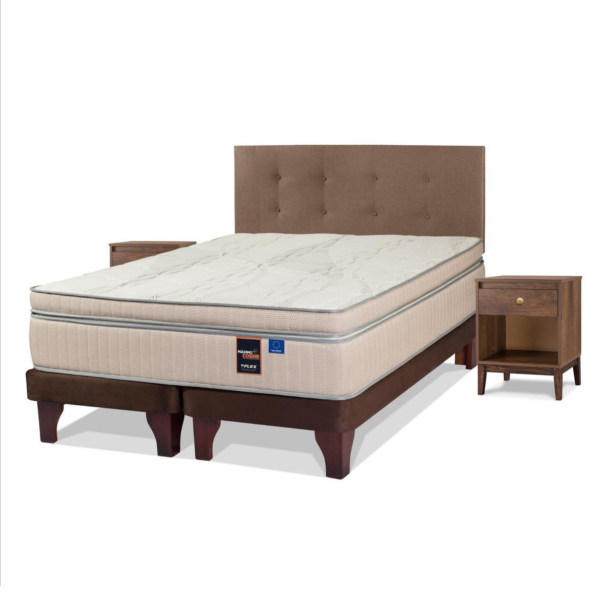 FLEX - Cama Europea Máximo Cobre King/Respaldo Royal Café/Velador Atenas