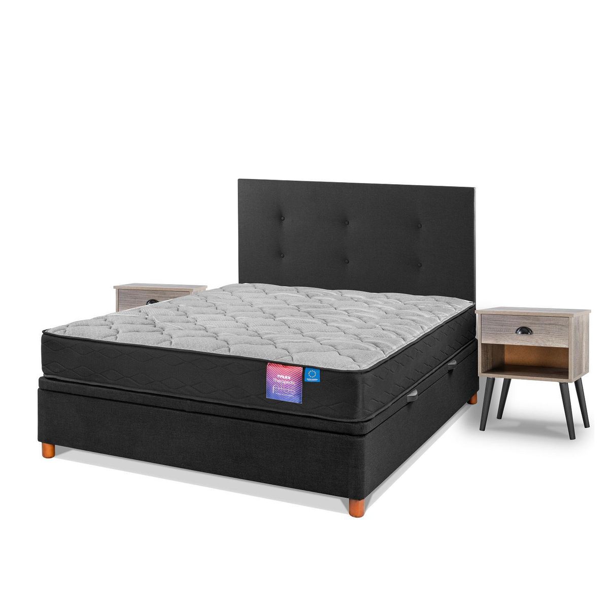 FLEX - Cama Baúl Therapedic Plus 2 Plazas/Respaldo Royal Negro/Velador Rock