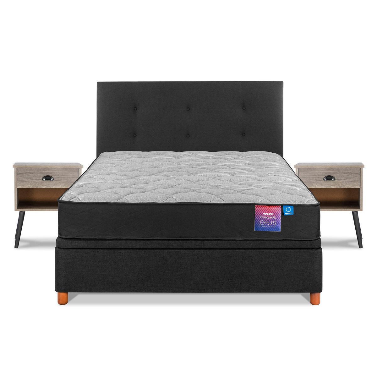 FLEX - Cama Baúl Therapedic Plus 2 Plazas/Respaldo Royal Negro/Velador Rock