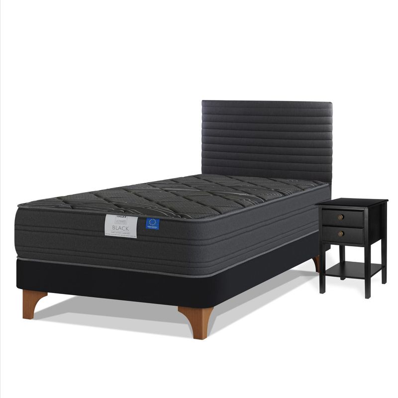 FLEX - Cama Europea Black 1.5 Plaza Box/Respaldo Modern/Velador Rover