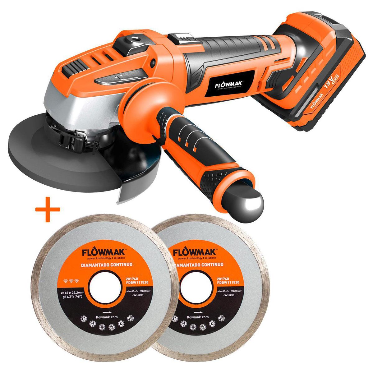 FLOWMAK - Esmeril angular 4,5" 18v c/2 disco diamantados 4,5"