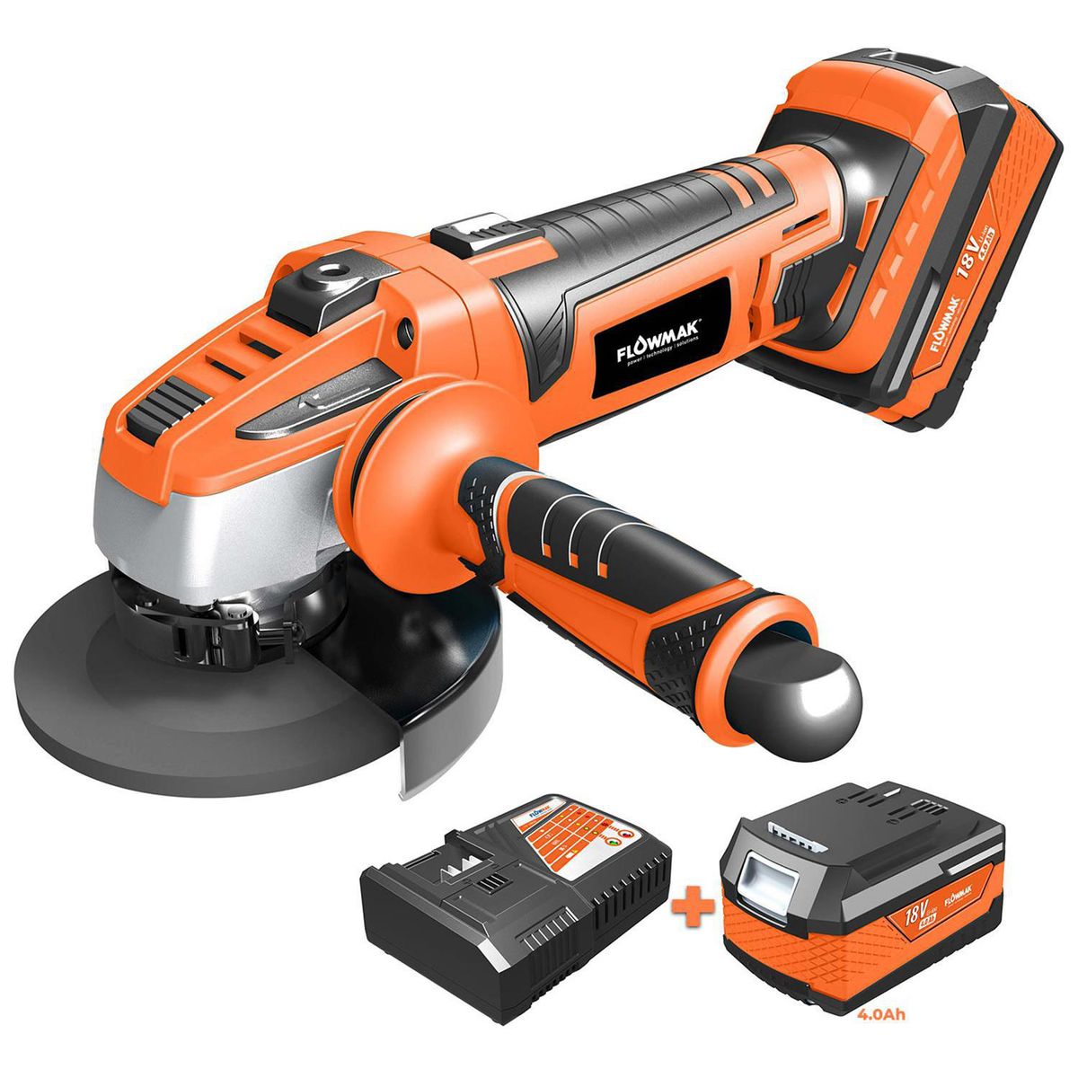 FLOWMAK - Esmeril angular 45pulg 18v batería 4ah y cargador disco 115mm/125mm