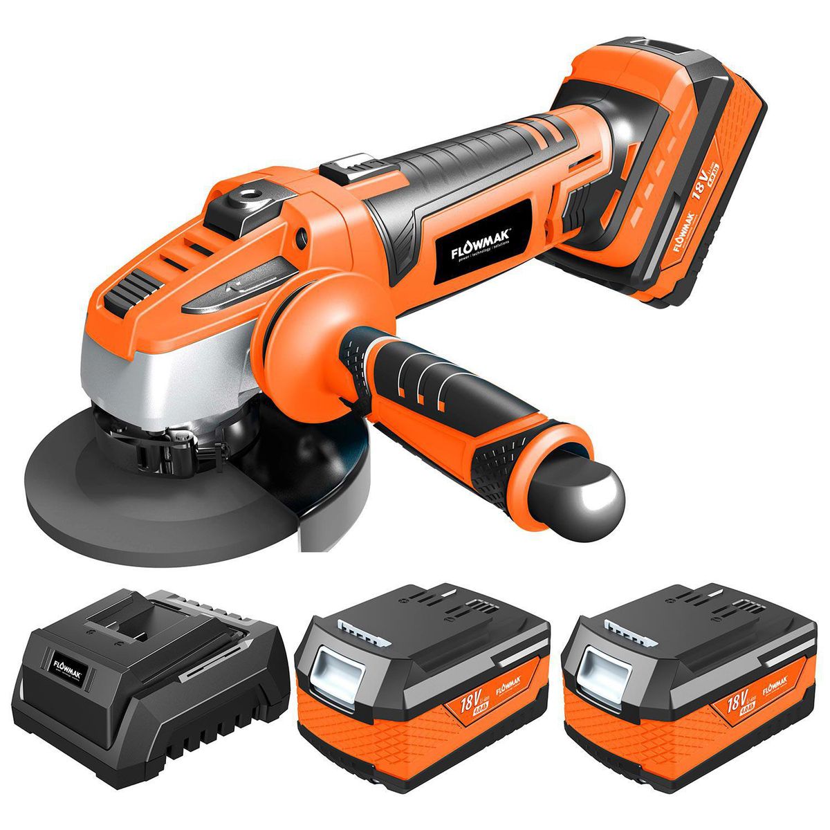 FLOWMAK - Esmeril angular 4,5" con cargador y 2 baterías