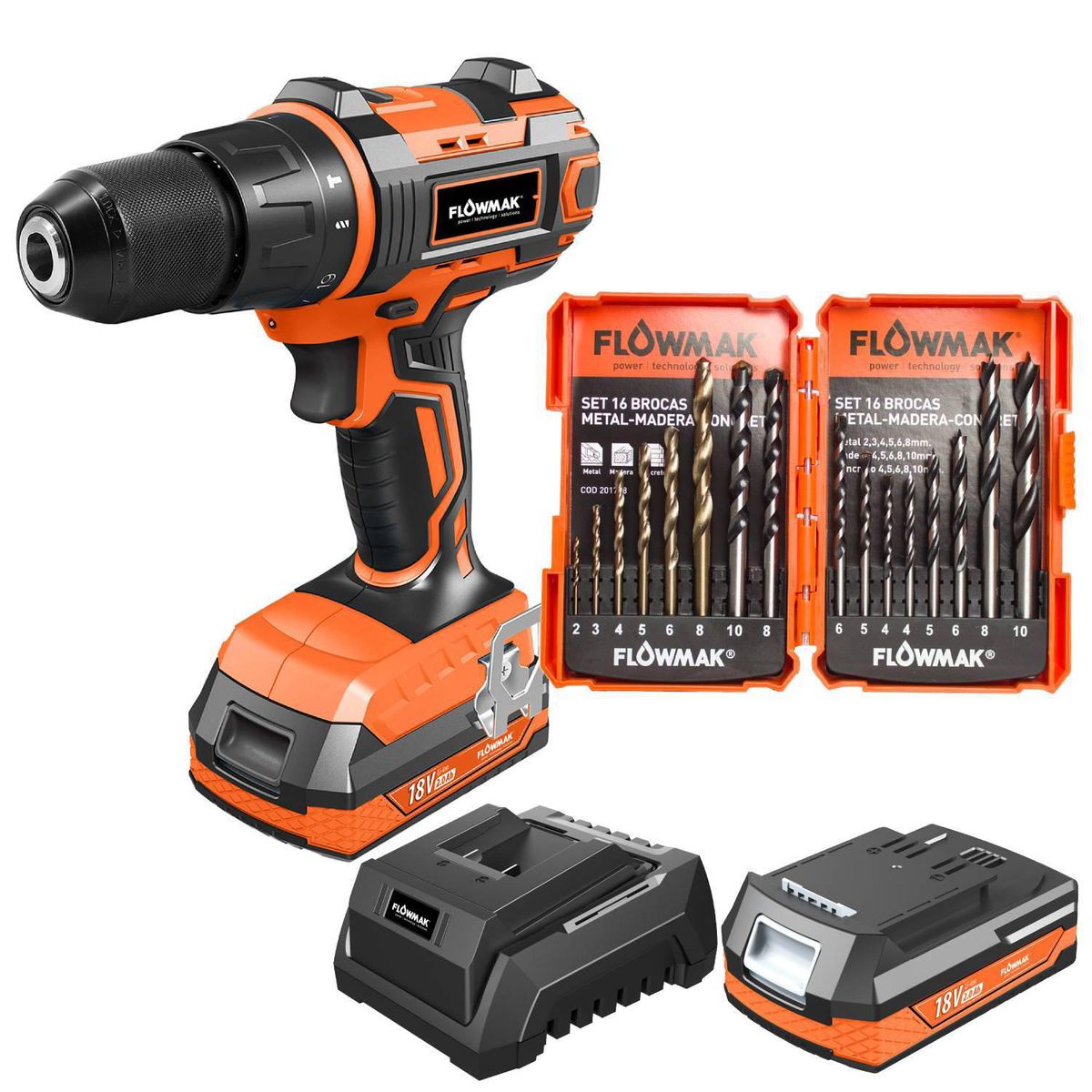 FLOWMAK - Taladro 13 mm 18 V con Set 16 Brocas