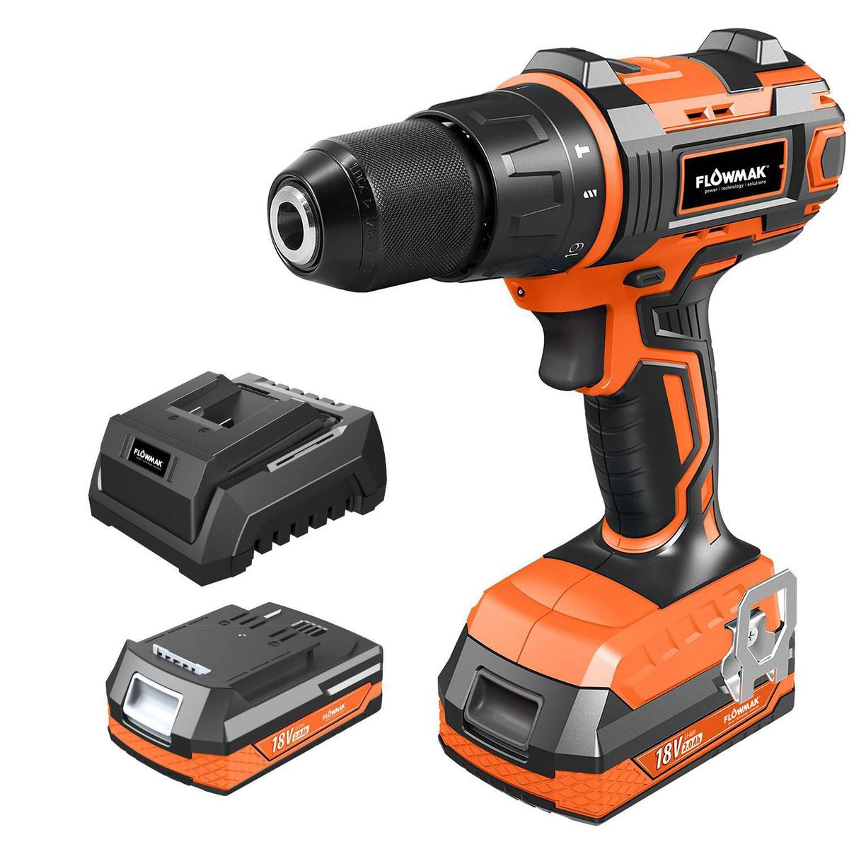 FLOWMAK - Taladro 13 mm 18 V con Set 16 Brocas