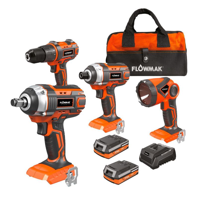 FLOWMAK - Kit Taladro 13 mm/Atornillador Impacto/Llave Impacto/Linterna